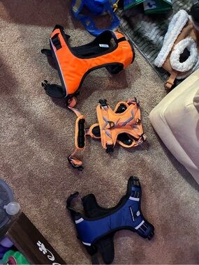 Sharper Image Blue Dog Harnesses. A reflective orange easy sport harness & a SM